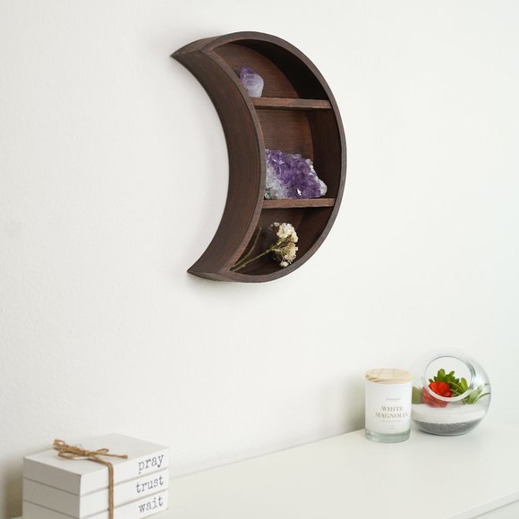 Moon Shelf Crystal Holder - Nursery Shelf Wall Decor - Moon Brown Wood - Picture 8 of 12